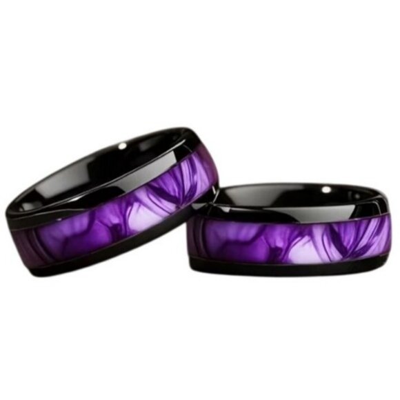 Tungsten Steel Carbide High Polished Purple Marble Inlay statement wedding Ring - Picture 2 of 5
